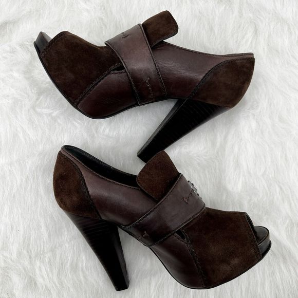 Kurt Geiger Sz 36 US 5.5 Brown Leather Suede Peep Toe 4.5” Stacked Heel Pump - Picture 10 of 16